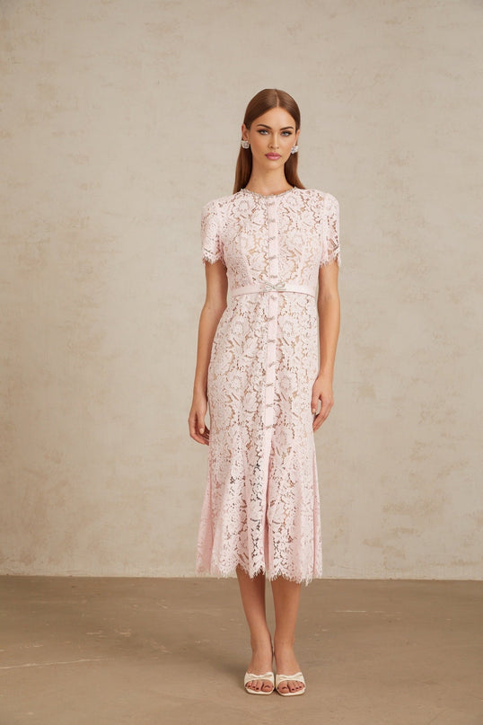 Sara Pink Floral Lace Crystal Bowknot Midi Dress