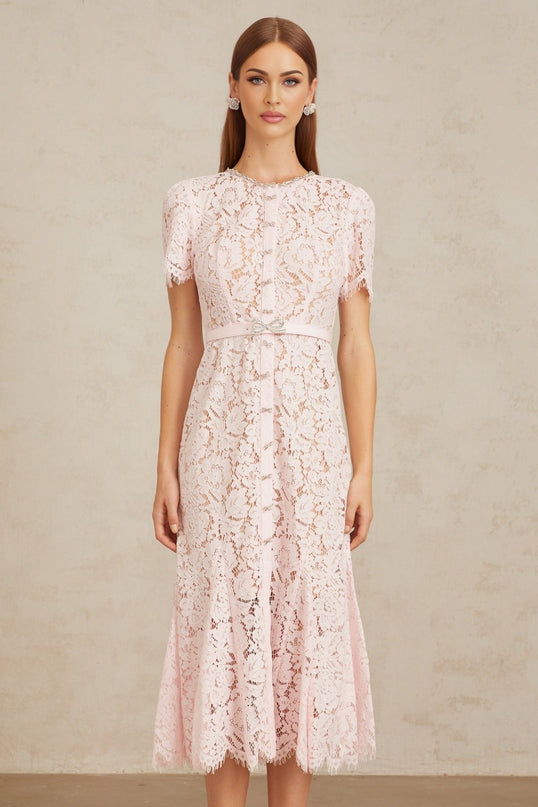 Sara Pink Floral Lace Midi Dress with Crystal Bowknots and Scalloped Trim