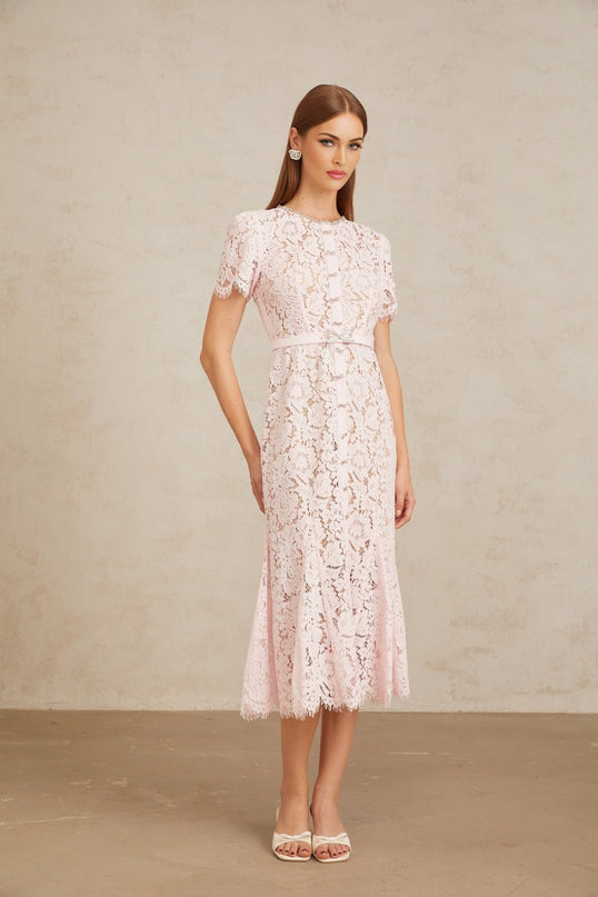 Sara Pink Floral Lace Midi Dress with Crystal Bowknots and Scalloped Trim