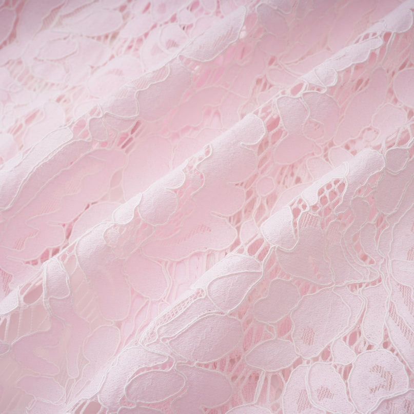 Sara Pink Lace Midi Dress with Crystal Bowknots and Scalloped Trim