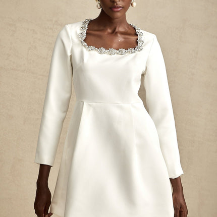 Sara White A-line Crystal Embellished Mini Dress with Square Neck and Long Sleeves