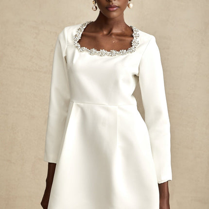 Sara White A-Line Crystal Embellished Mini Dress with Square Neck and Long Sleeves