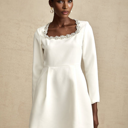 Sara White A-Line Crystal Embellished Mini Dress with Square Neck and Long Sleeves