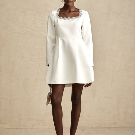 Sara White A-Line Crystal Embellished Mini Dress with Square Neck and Long Sleeves