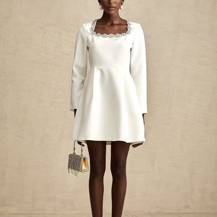 Sara White A-Line Mini Dress with Crystal Embellishments Square Neck Long Sleeves Waist Cinch Rear Zip Fastening 100% Terylene Fabric