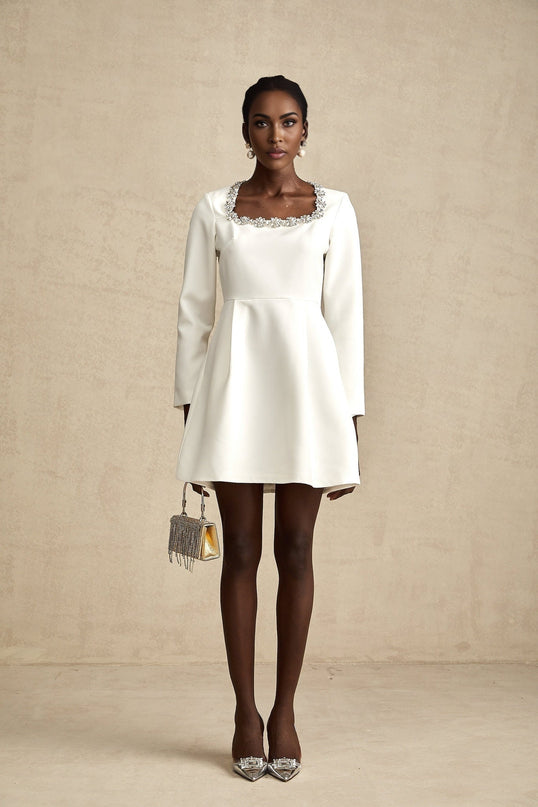 Sara White A-Line Mini Dress with Crystal Embellishments Square Neck Long Sleeves Waist Cinch Rear Zip Fastening 100% Terylene Fabric