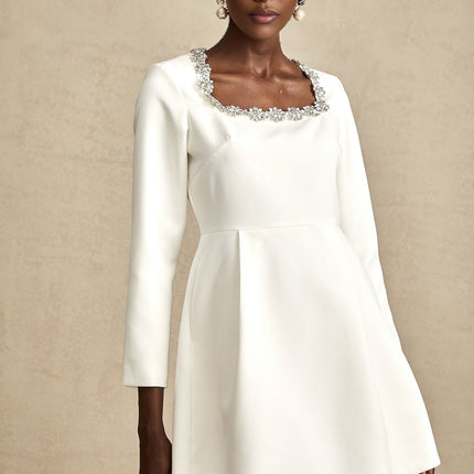 Sara White A-line Mini Dress with Crystal Embellishments and Square Neck