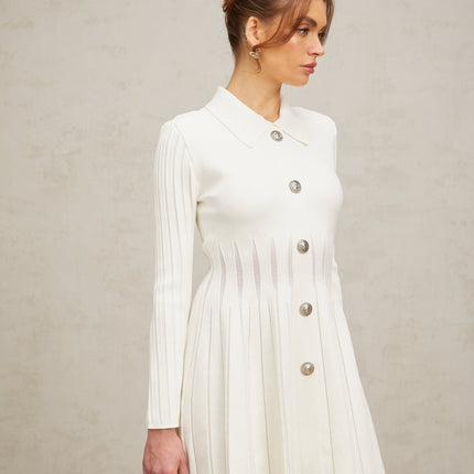 Sara White Knit Mini Dress with Collar and Silver Buttons