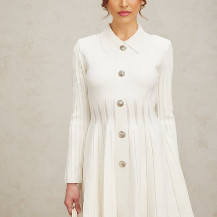 Sara White Knitted Mini Dress with Embossed Silver Buttons