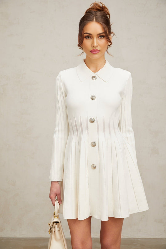 Sara White Knitted Mini Dress with Embossed Silver Buttons