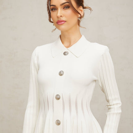 Sara White Knitted Mini Dress with Silver Buttons and Pleated Detailing