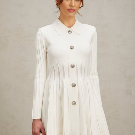 Sara White Knitted Mini Dress with Classic Collar and Embossed Silver-Tone Buttons