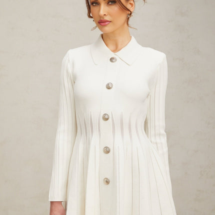 Sara White Knitted Mini Dress with Embossed Silver-Tone Buttons and Zip-Back Closure