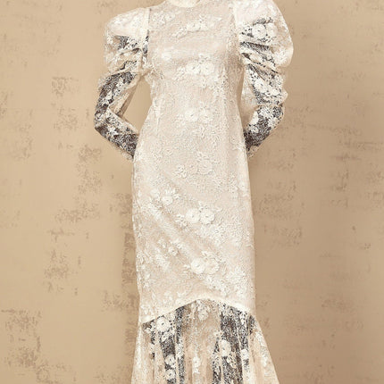 Sara White Lace Sequin Maxi Dress with Mock Neck and Gigot Sleeves