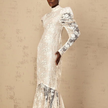 Sara White Lace Sequin Maxi Dress with Mock Neck and Gigot Sleeves