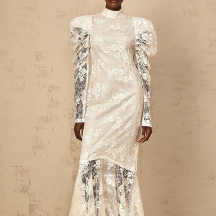 Sara White Lace Sequin Maxi Dress with Mock Neck and Gigot Sleeves