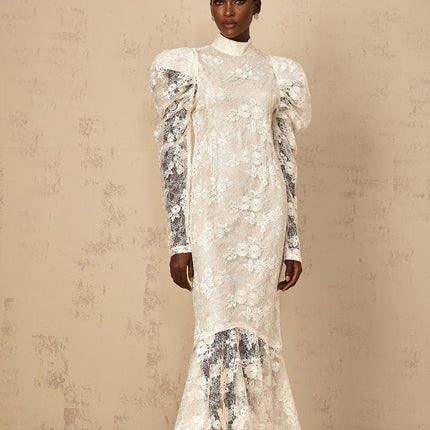 Sara White Lace Sequin Maxi Dress with Mock Neck and Gigot Sleeves