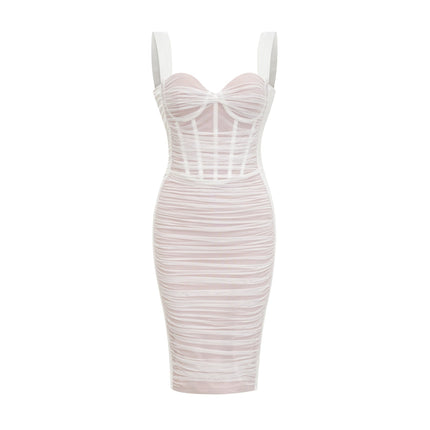 Sara White Mesh Textured Midi Dress with Slit and Spaghetti Straps