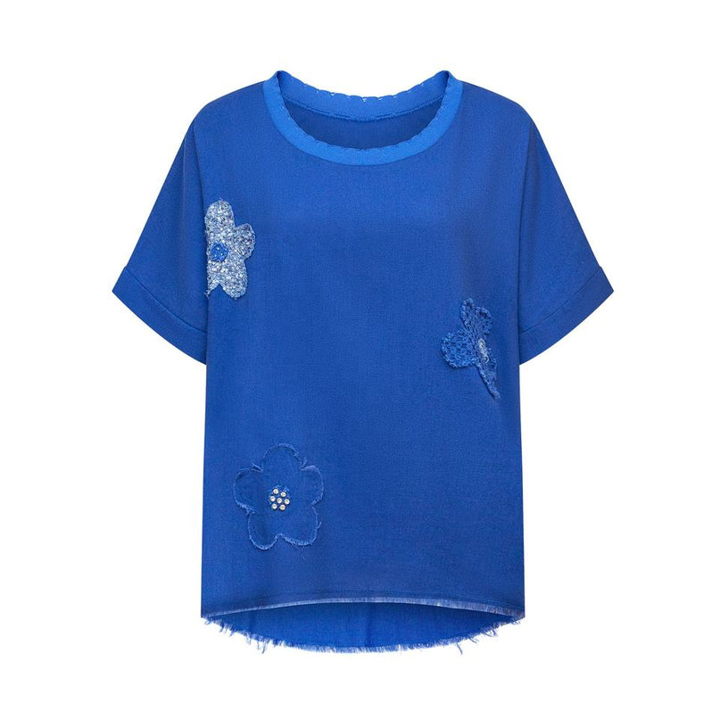 Sarah Blue Floral Woven Blouse Regular Fit Short Sleeve Polyester Cotton Blend Pearl Button Detail Breathable Fabric Vintage-Inspired Design Contrast Colors Spring Summer Fashion Forward Women
