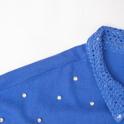 Sarah Blue Vintage Designer Blouse Full Sleeves Turn-Down Collar Drop-Shoulder Breathable Fabric Button Details Pearl Accents Spring Summer Casual Formal
