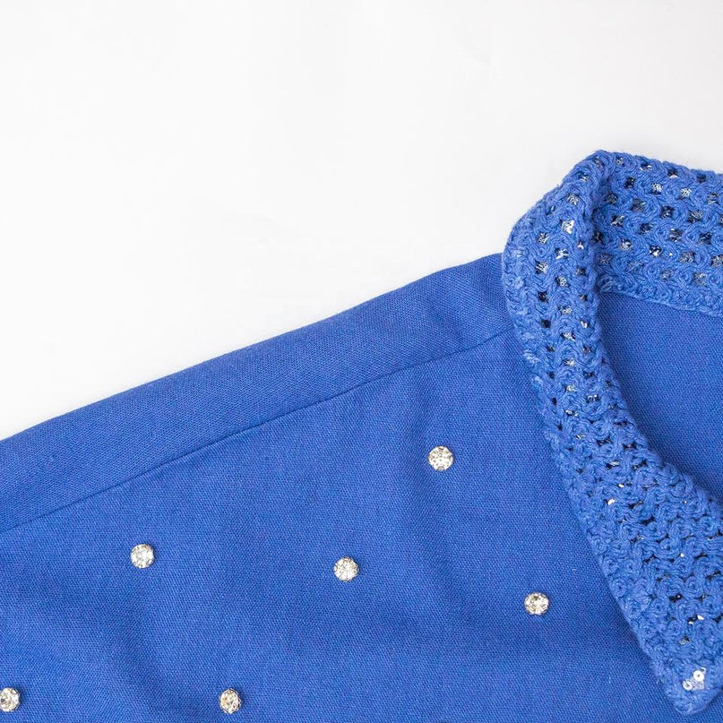 Sarah Blue Vintage Designer Blouse Full Sleeves Turn-Down Collar Drop-Shoulder Breathable Fabric Button Details Pearl Accents Spring Summer Casual Formal