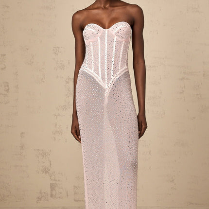 Sarah Pink Maxi Dress Sweetheart Off-the-Shoulder Rhinestone Crystal Cinched Corset Semi-sheer Straight Maxi