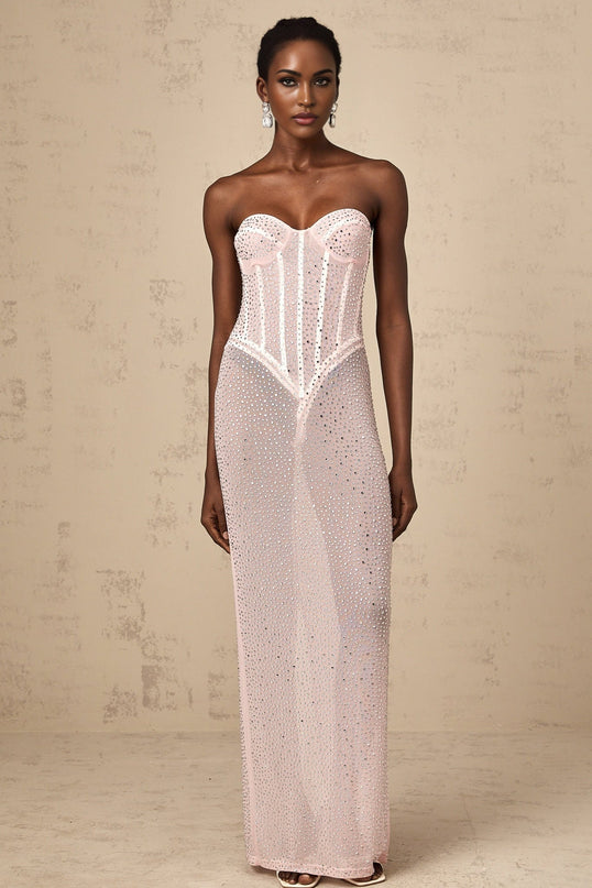Sarah Pink Maxi Dress Sweetheart Off-the-Shoulder Rhinestone Crystal Cinched Corset Semi-sheer Straight Maxi