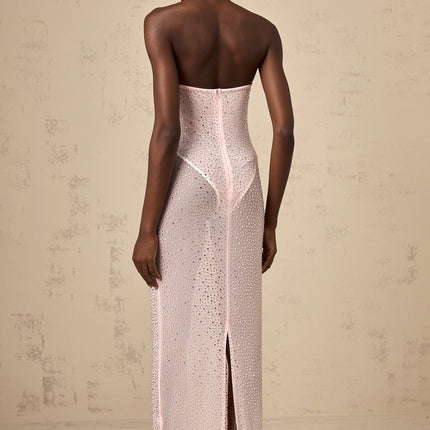 Sarah Pink Maxi Dress Sweetheart Off-the-Shoulder Rhinestone Crystal Cinched Corset Semi-sheer Straight Maxi