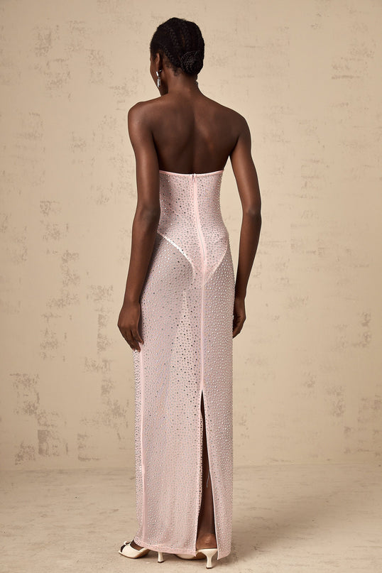 Sarah Pink Maxi Dress Sweetheart Off-the-Shoulder Rhinestone Crystal Cinched Corset Semi-sheer Straight Maxi