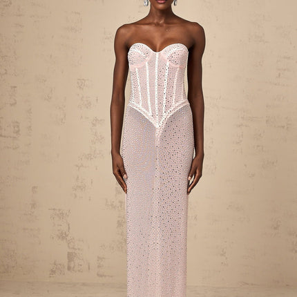 Sarah Pink Maxi Dress Sweetheart Off-the-Shoulder Rear Slit Rhinestone Crystal Cinched Corset Semi-sheer Straight Maxi