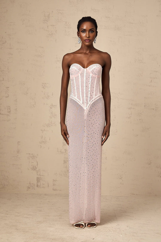 Sarah Pink Maxi Dress Sweetheart Off-the-Shoulder Rear Slit Rhinestone Crystal Cinched Corset Semi-sheer Straight Maxi