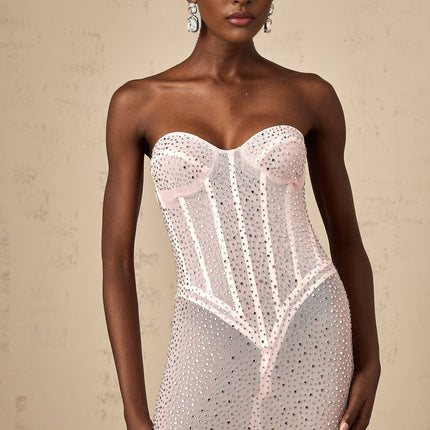 Sarah Pink Maxi Dress Sweetheart Off-the-Shoulder Rhinestone Crystal Cinched Corset Semi-sheer Straight Maxi