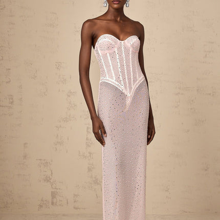Sarah Pink Maxi Dress Sweetheart Off-the-Shoulder Rear Slit Rhinestone Crystal Cinched Corset Semi-sheer Straight Maxi