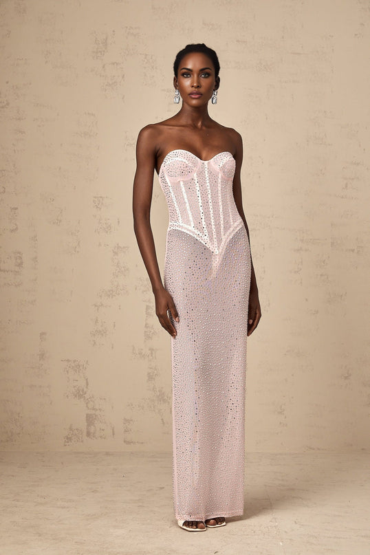 Sarah Pink Maxi Dress Sweetheart Off-the-Shoulder Rear Slit Rhinestone Crystal Cinched Corset Semi-sheer Straight Maxi