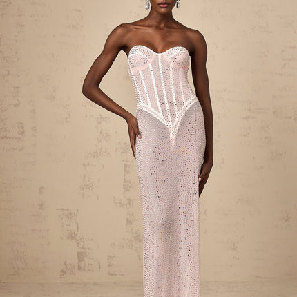 Sarah Pink Maxi Dress Sweetheart Off-the-Shoulder Rear Slit Rhinestone Crystal Cinched Corset Semi-sheer Straight Maxi