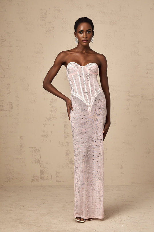 Sarah Pink Maxi Dress Sweetheart Off-the-Shoulder Rear Slit Rhinestone Crystal Cinched Corset Semi-sheer Straight Maxi