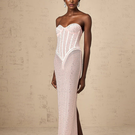Sarah Pink Maxi Dress Sweetheart Off-the-Shoulder Rear Slit Rhinestone Crystal Cinched Corset Semi-sheer Straight Maxi