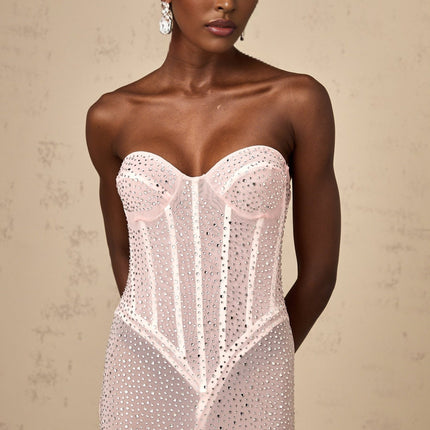 Sarah Pink Rhinestone Crystal Embellished Maxi Dress with Sweetheart Off-the-Shoulder Design and Rear Slit