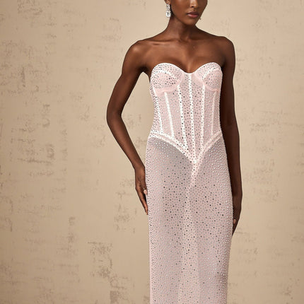 Sarah Pink Rhinestone Crystal Off-the-Shoulder Maxi Dress