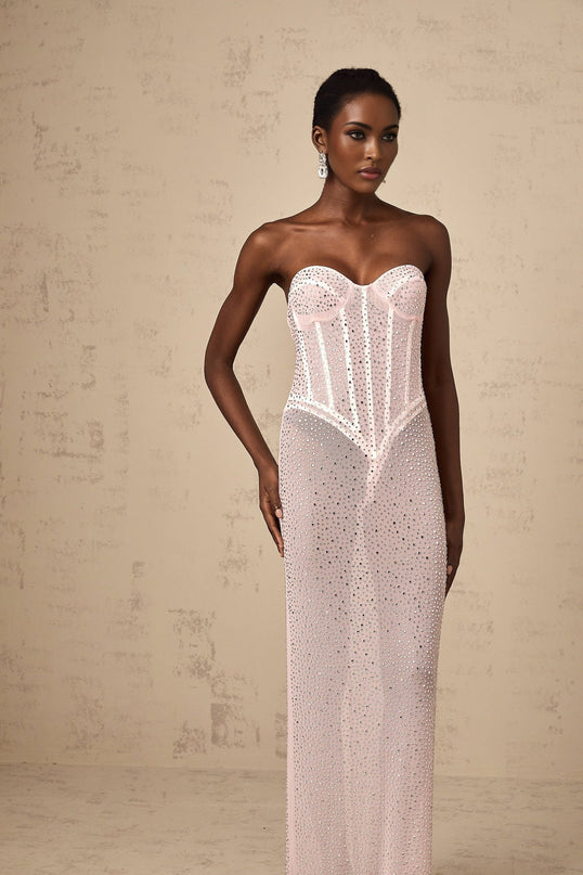 Sarah Pink Rhinestone Crystal Off-the-Shoulder Maxi Dress