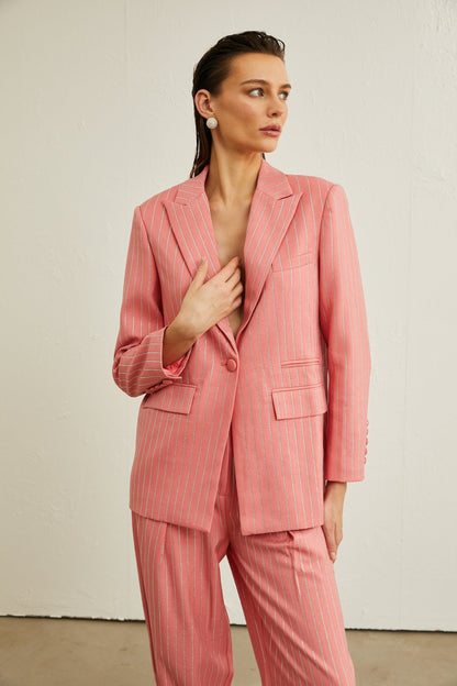 Sarah pink striped embellished jacket  trousers matching set