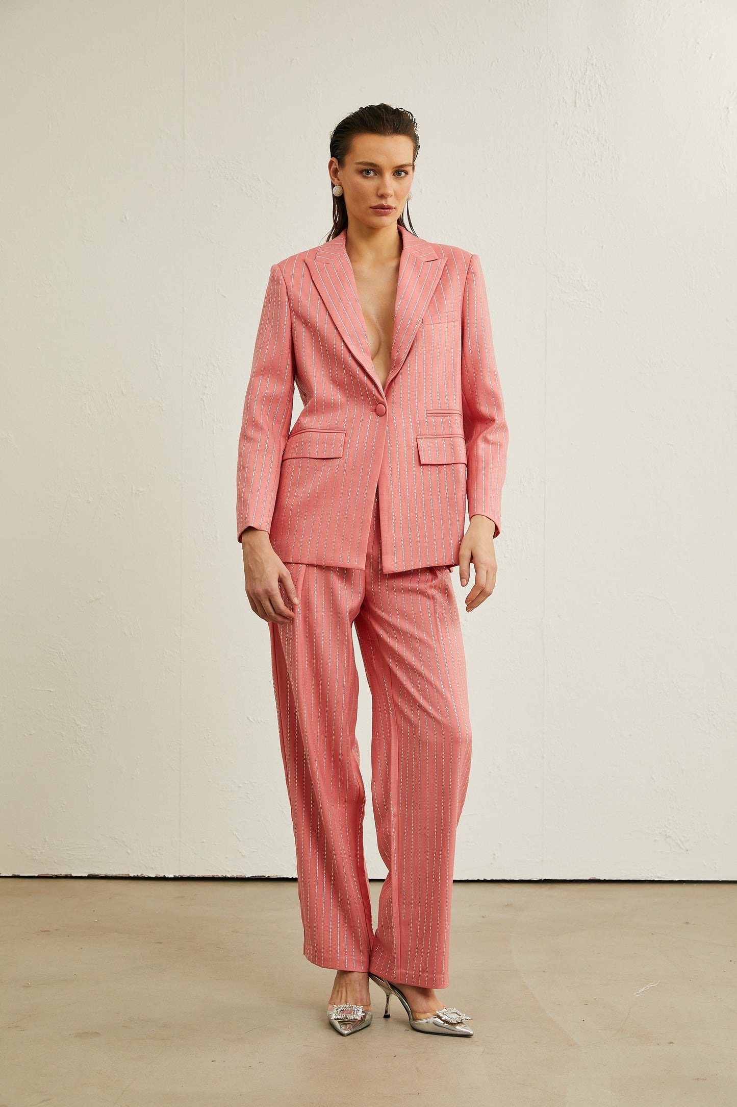 Sarah pink striped embellished jacket  trousers matching set