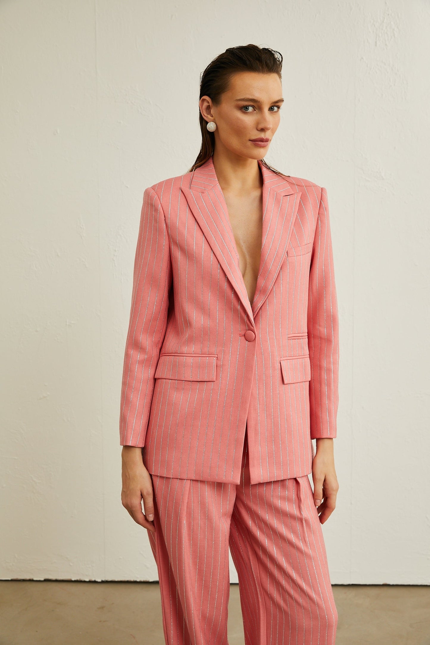 Sarah pink striped embellished jacket  trousers matching set
