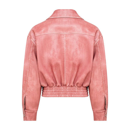 Sarah wearing Pink Vintage Leather Bomber Jacket
