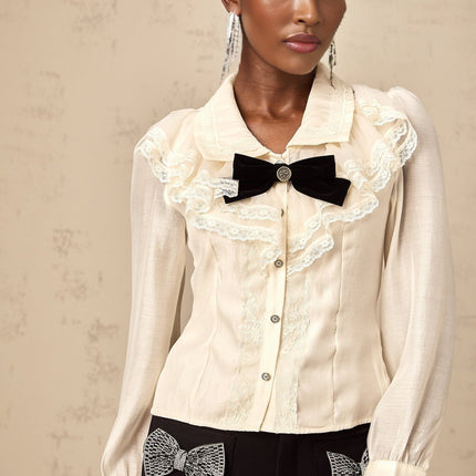 Sarah White Lace Trimmed Bow Crystal Top