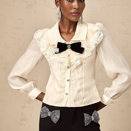 Sarah White Lace Trimmed Bowknot Bow Crystal Top