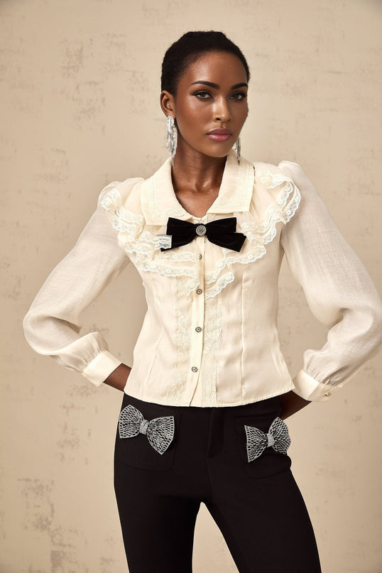 Sarah White Lace Trimmed Bowknot Bow Crystal Top