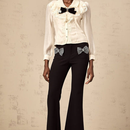 Sarah White Lace Trimmed Bowknot Bow Crystal Top