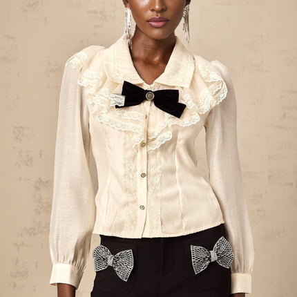 Sarah White Lace Trimmed Bowknot Bow Crystal Top