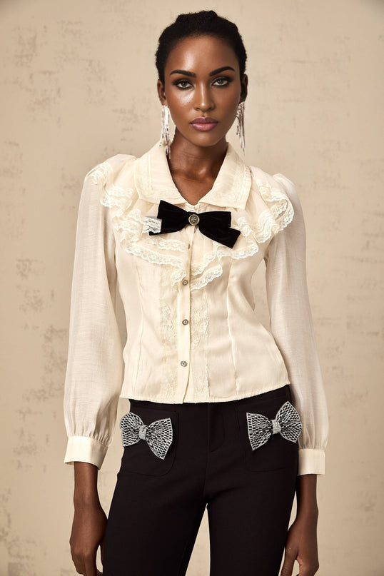 Sarah White Lace Trimmed Bowknot Bow Crystal Top